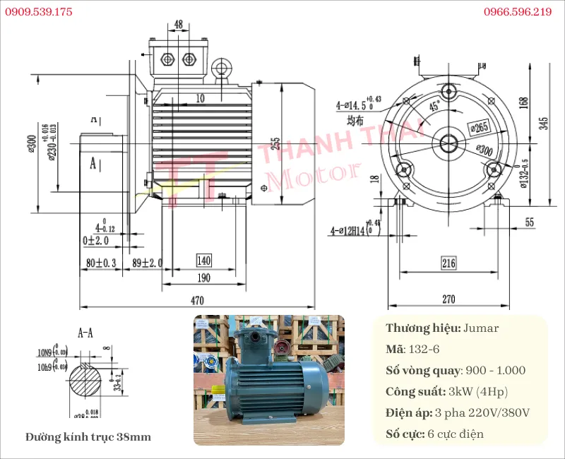 Drawing and technical specifications of the explosion-proof motor 3kW 4Hp 6 poles