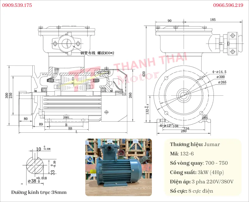 Drawing and technical specifications of the explosion-proof motor 3kW 4Hp 8 poles