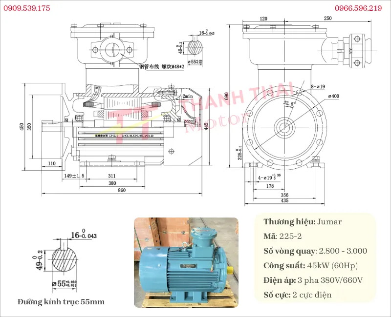 Drawing and technical specifications of the explosion-proof motor 45kW 60Hp 2 poles
