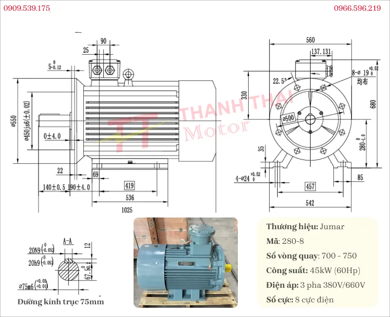 Drawing and technical specifications of the explosion-proof motor 45kW 60Hp 8 poles