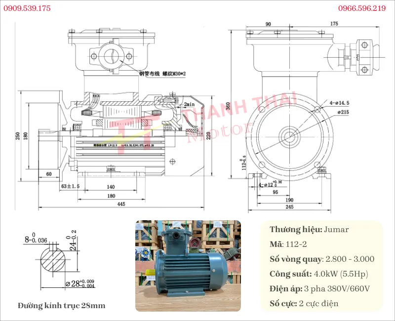 Drawing and specifications of the 4kW 5.5Hp 2-pole explosion-proof motor