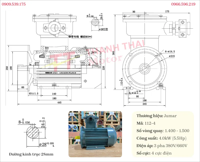 Drawing and specifications of the 4kW 5.5Hp 4-pole explosion-proof motor