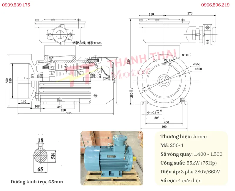 Drawing and technical specifications of the explosion-proof motor 55kW 75Hp 4-pole