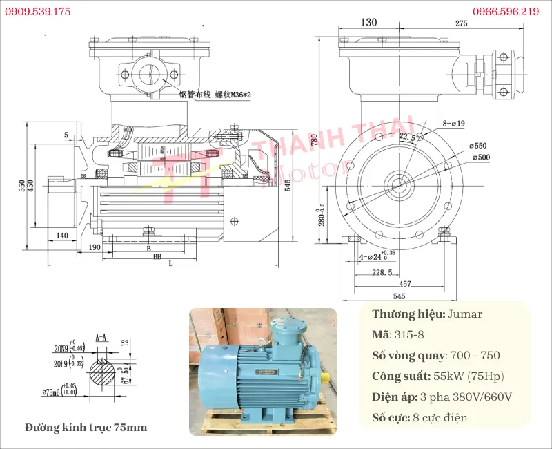 Drawing and technical specifications of the explosion-proof motor 55kW 75Hp 8-pole