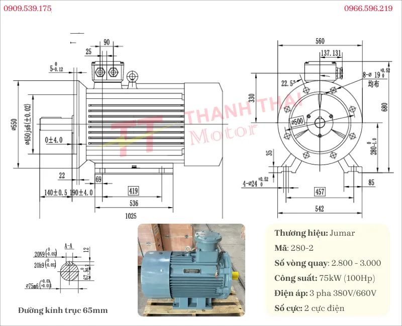 Bản vẽ và thông số kỹ thuật của động cơ phồng nổ 75kW 100Hp 2 cực