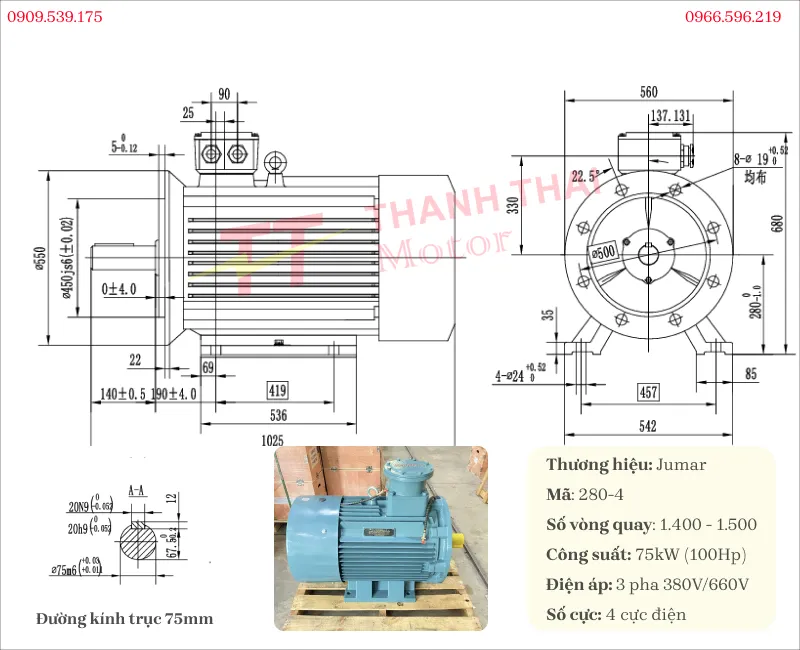 Bản vẽ và thông số kỹ thuật của động cơ phồng nổ 75kW 100Hp 4 cực