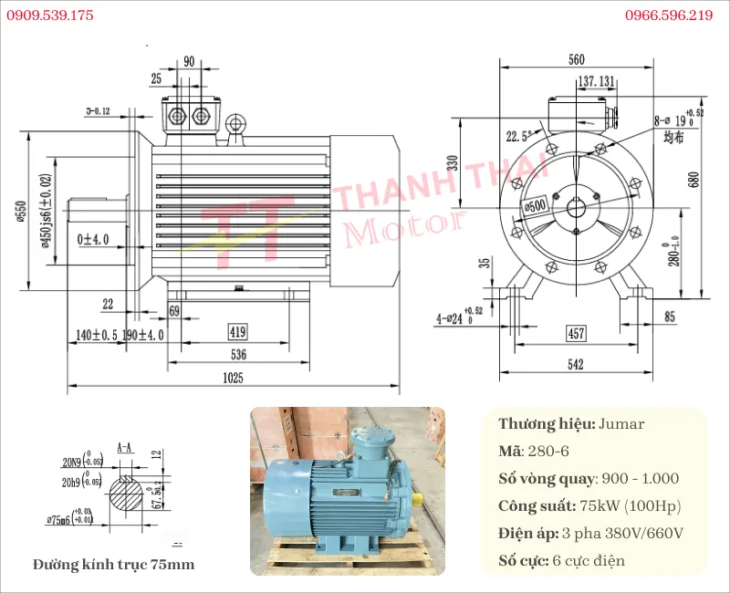 Bản vẽ và thông số kỹ thuật của động cơ phồng nổ 75kW 100Hp 6 cực