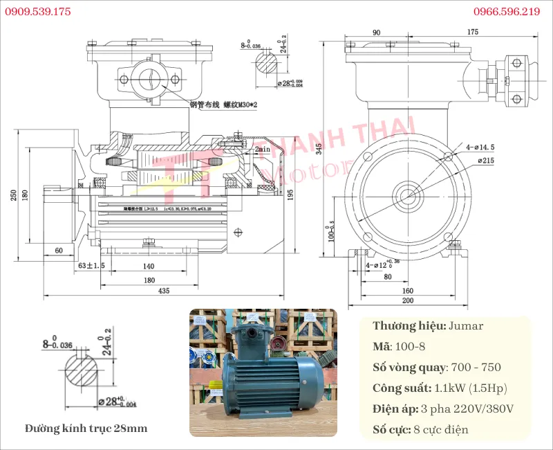Drawing and technical specifications of explosion-proof motor 1.1kW 1.5Hp 8-pole