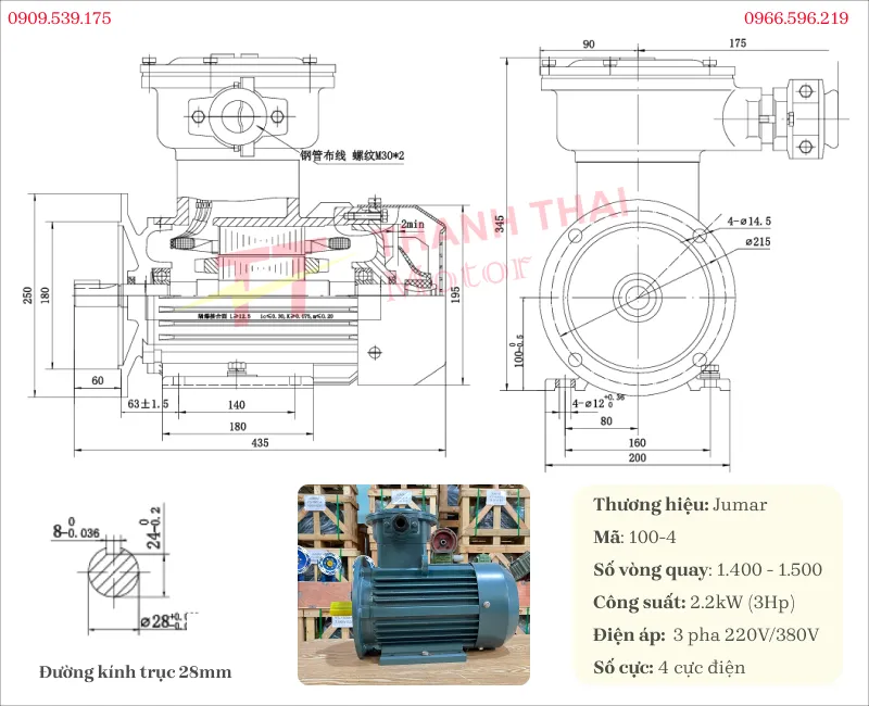 Bản vẽ và thông số kỹ thuật động cơ phòng nổ 2.2kW 3Hp 4 cực