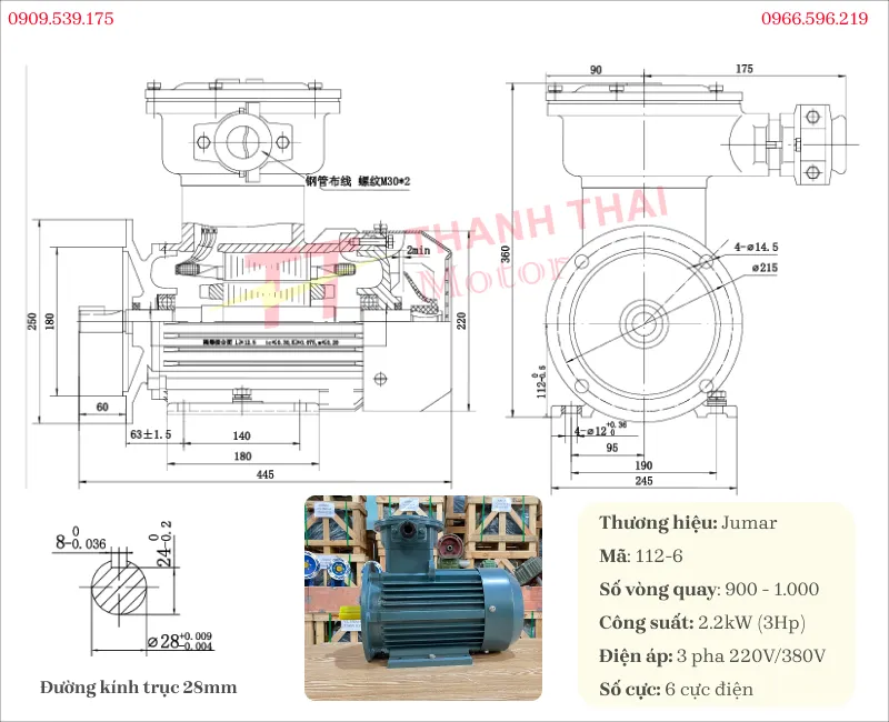 Bản vẽ và thông số kỹ thuật động cơ phòng nổ 2.2kW 3Hp 6 cực