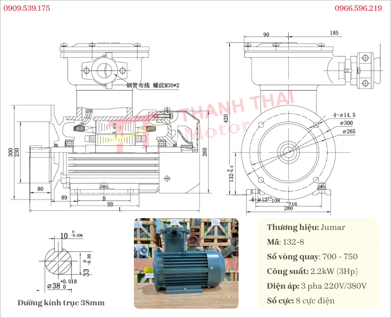 Bản vẽ và thông số kỹ thuật động cơ phòng nổ 2.2kW 3Hp 8 cực