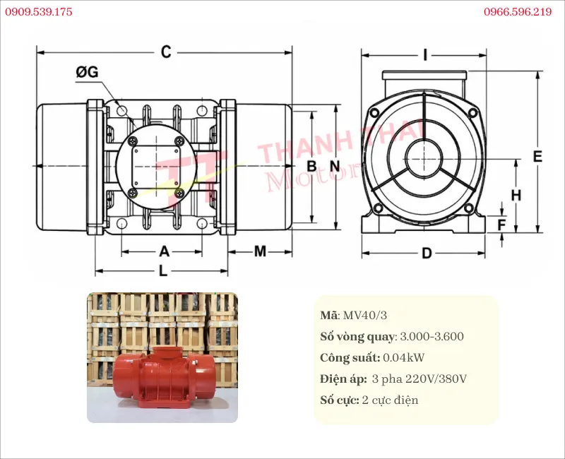 Bản vẽ và thông số kỹ thuật động cơ rung đầm rung mini 0.04kW 2 cực