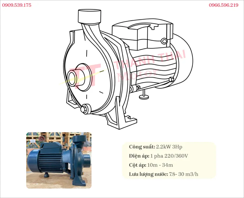 Bản vẽ và thông số kỹ thuật máy bơm nước 1 pha 2.2kw 1hp