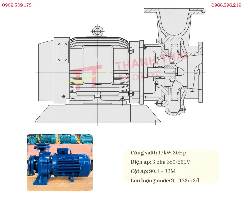 Bản vẽ và thông số kỹ thuật máy bơm nước 3 pha 15kW 20Hp