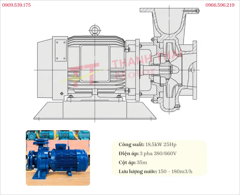 Bản vẽ và thông số kỹ thuật máy bơm nước 3 pha 18.5kW 25Hp