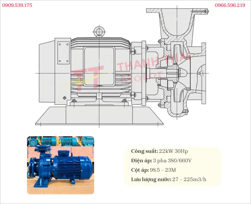 Drawing and technical specifications of the 3-Phase Water Pump 22kW 30HP
