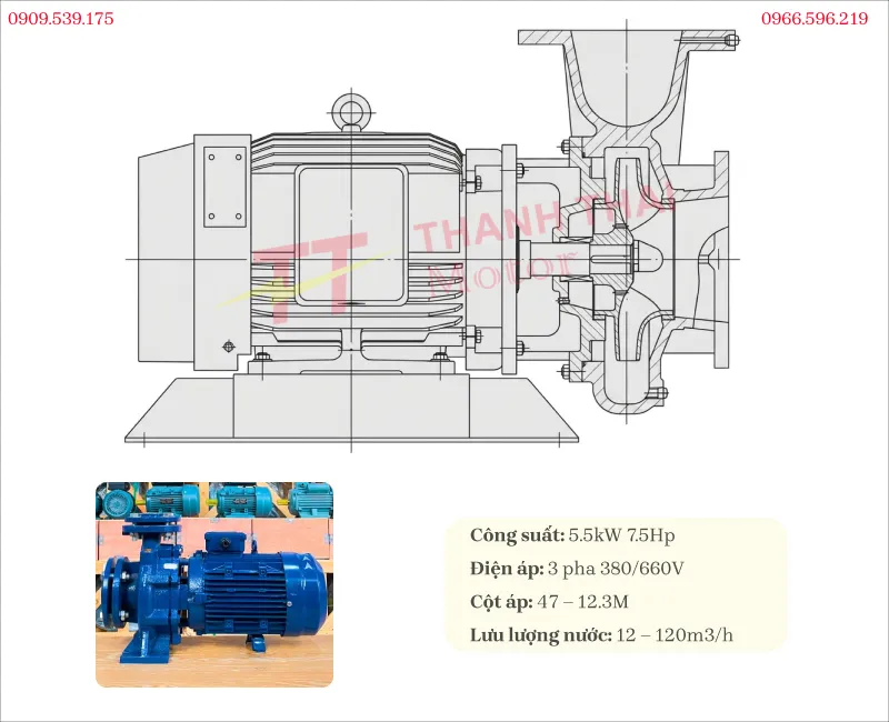 Bản vẽ và thông số kỹ thuật máy bơm nước 3 pha 5.5kW 7.5Hp