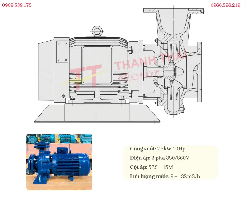 Bản vẽ và thông số kỹ thuật máy bơm nước 3 pha 7.5kW 10Hp