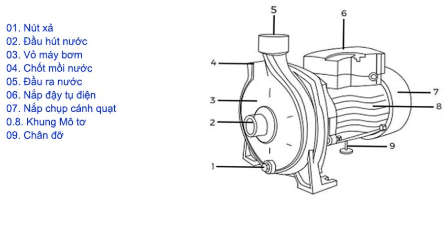 Cấu tạo bên trong của máy bơm nước 1 pha công suất 0.37kW 0.5Hp