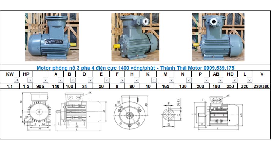 Động cơ phòng nổ 1.1kW 1.5Hp 4 cực (4poles)