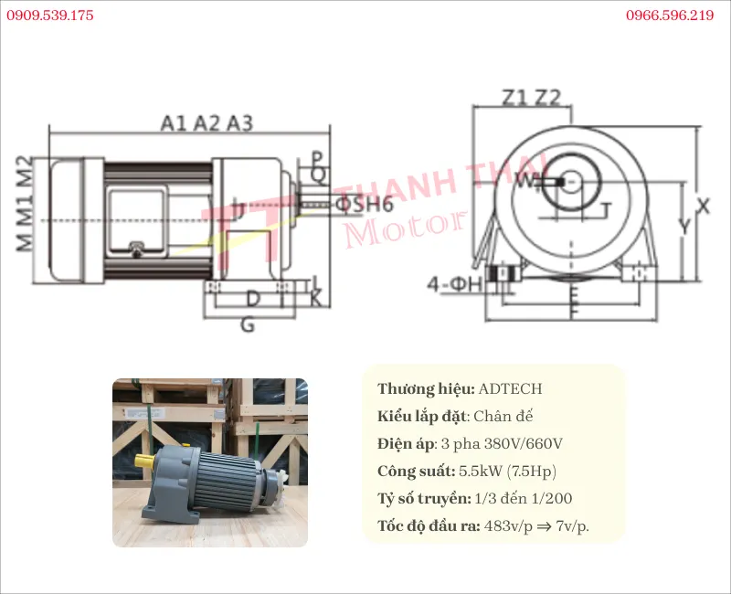 Thông số kỹ thuật motor giảm tốc có phanh 5.5kW 7.5Hp chân đế