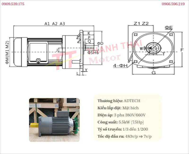 Thông số kỹ thuật motor giảm tốc có phanh 5.5kW 7.5Hp mặt bích 