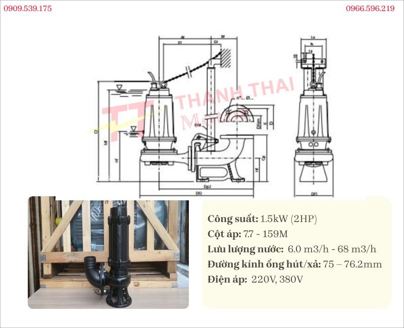 Thông số kỹ thuật và bản vẻ máy bơm chìm 1.5kW 2Hp