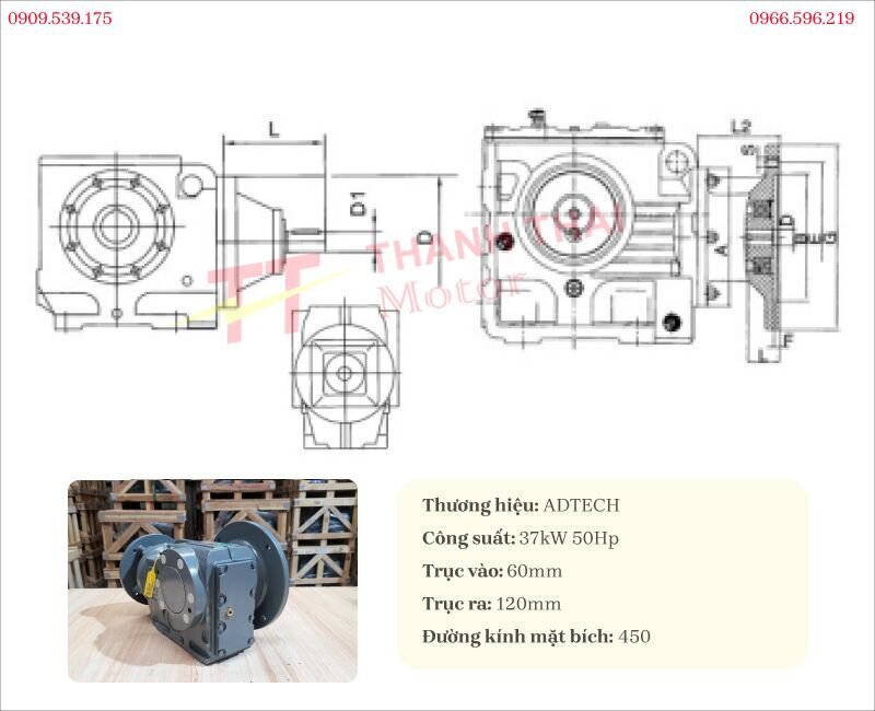 Bản vẽ và thông số kỹ thuật của hộp giảm tốc tải nặng trục vuông góc K 37kW 50Hp
