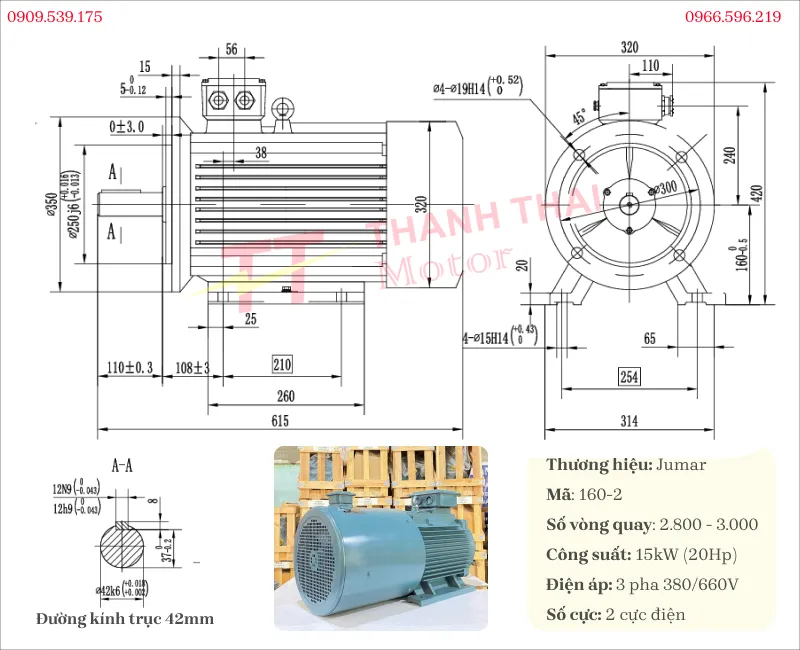 Drawing and Technical Specifications of 3-Phase Inverter Duty Motor 15kW 20Hp 2-Pole