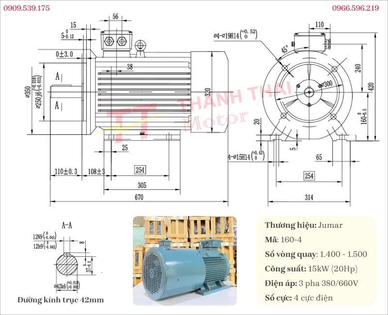 Drawing and Technical Specifications of 3-Phase Inverter Duty Motor 15kW 20Hp 4-Pole