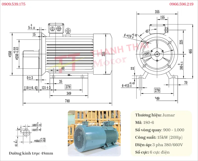 Drawing and Technical Specifications of 3-Phase Inverter Duty Motor 15kW 20Hp 6-Pole
