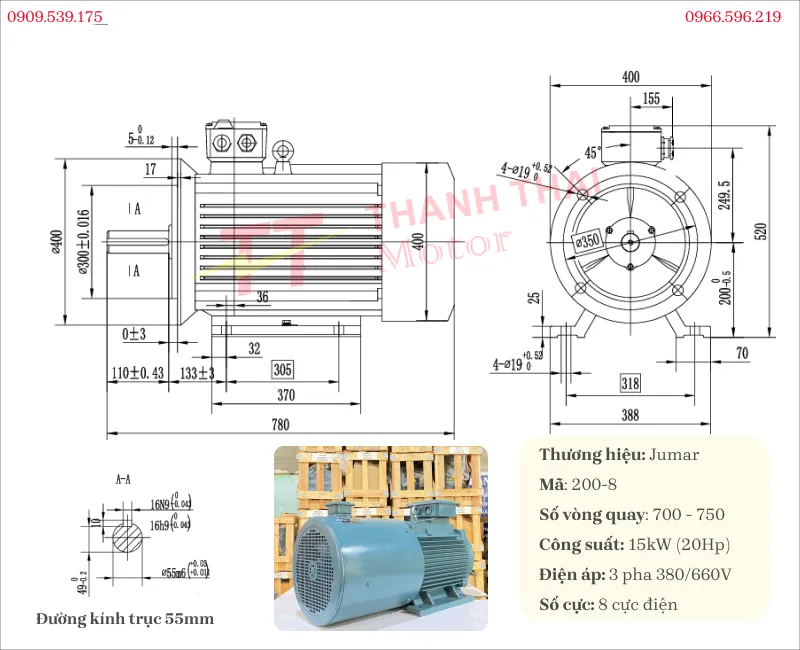 Drawing and Technical Specifications of 3-Phase Inverter Duty Motor 15kW 20Hp 8-Pole