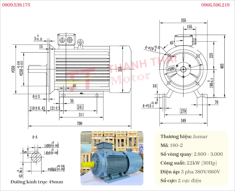 Bản vẽ và thông số kỹ thuật của motor biến tần 3 pha 22kW 30Hp 2 cực