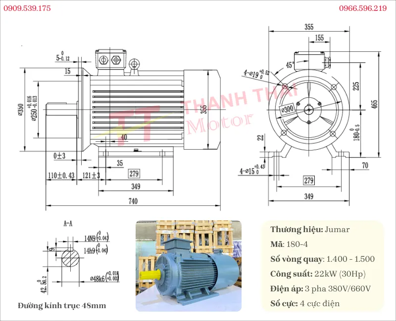 Bản vẽ và thông số kỹ thuật của motor biến tần 3 pha 22kW 30Hp 4 cực