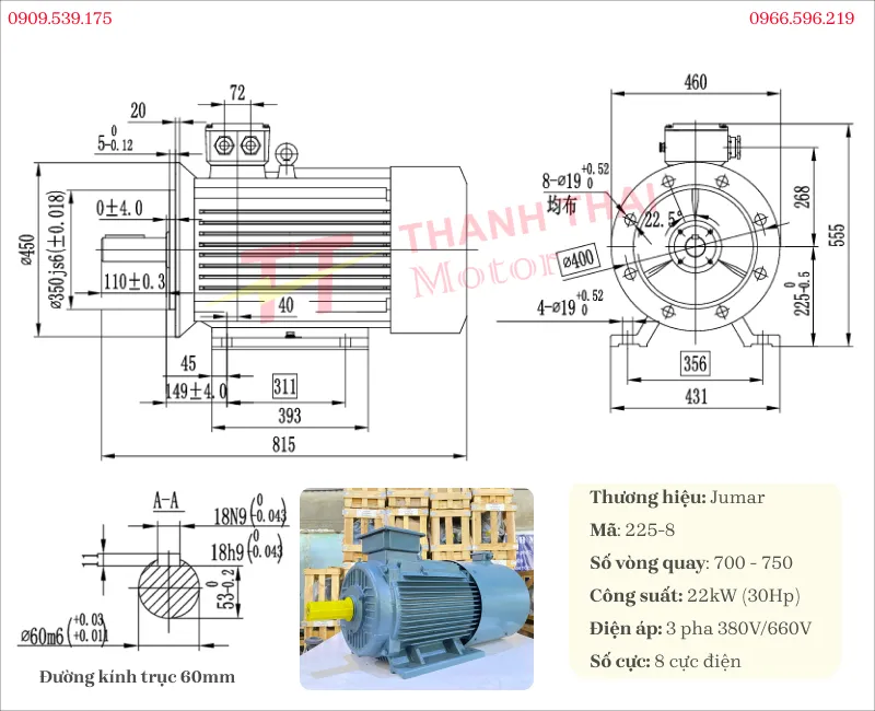 Bản vẽ và thông số kỹ thuật của motor biến tần 3 pha 22kW 30Hp 8 cực