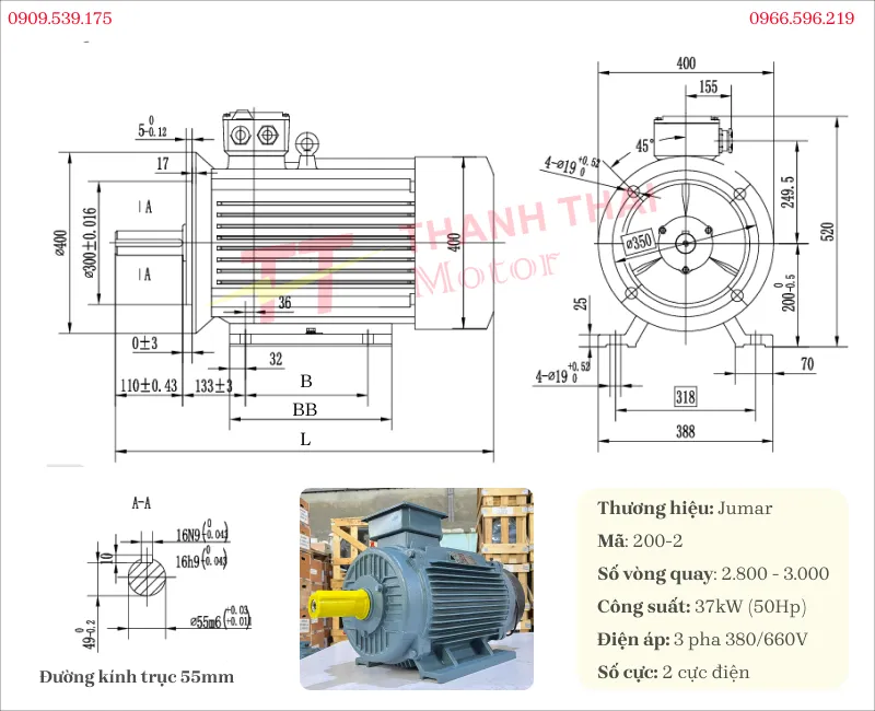 Bản vẽ và thông số kỹ thuật của motor biến tần 3 pha 37kW 50Hp 2 cực