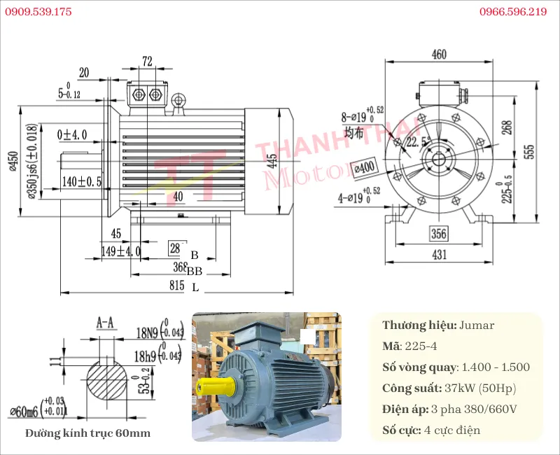 Bản vẽ và thông số kỹ thuật của motor biến tần 3 pha 37kW 50Hp 4 cực