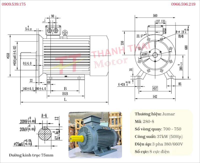 Bản vẽ và thông số kỹ thuật của motor biến tần 3 pha 37kW 50Hp 8 cực