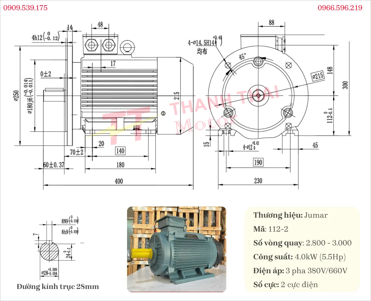 Bản vẽ và thông số kỹ thuật của motor biến tần 3 pha 4kW 5.5Hp 2 cực
