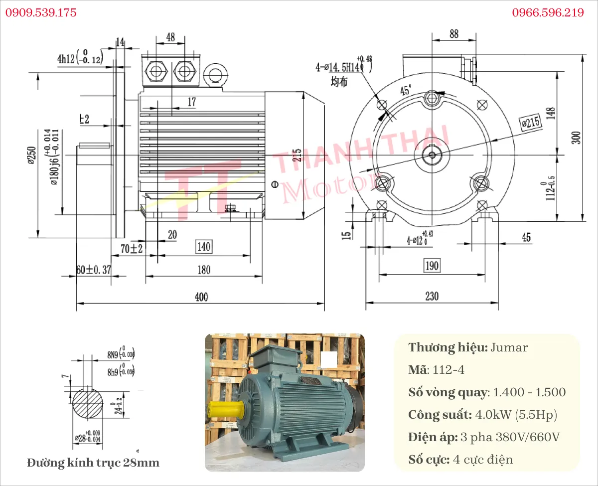 Drawing and technical specifications of the 3-Phase Inverter Duty Motor 4kW 5.5Hp 4-pole