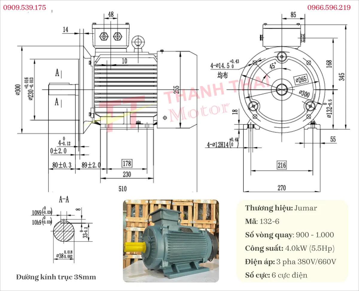 Bản vẽ và thông số kỹ thuật của motor biến tần 3 pha 4kW 5.5Hp 6 cực