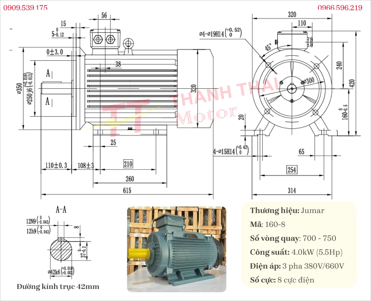 Drawing and technical specifications of the 3-Phase Inverter Duty Motor 4kW 5.5Hp 8-pole