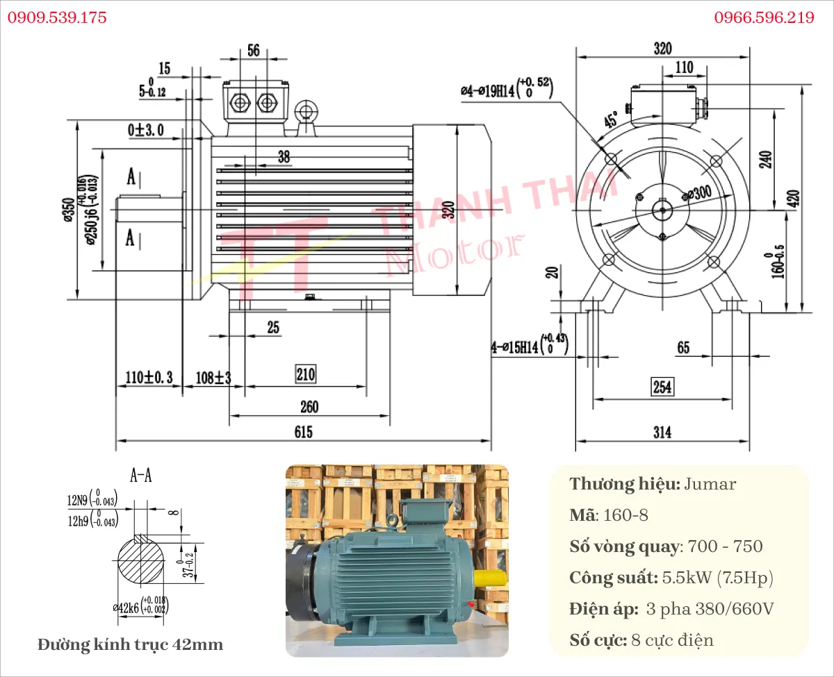 Drawing and specifications of the 3-Phase Inverter Duty Motor 5.5kW 7.5Hp 8-pole
