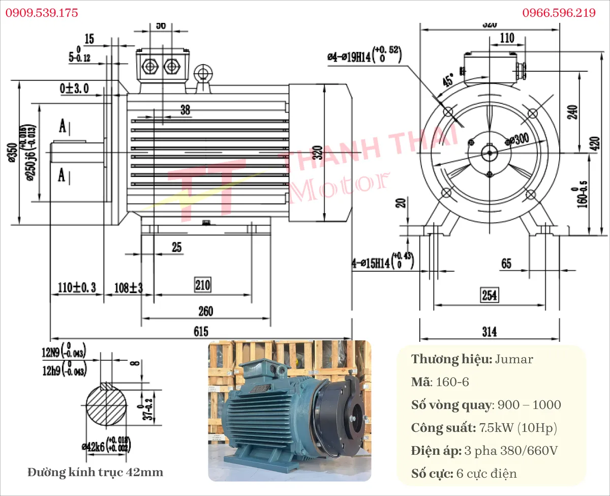 Drawing and technical specifications of the 6-pole 3-phase 7.5kW 10Hp inverter duty motor