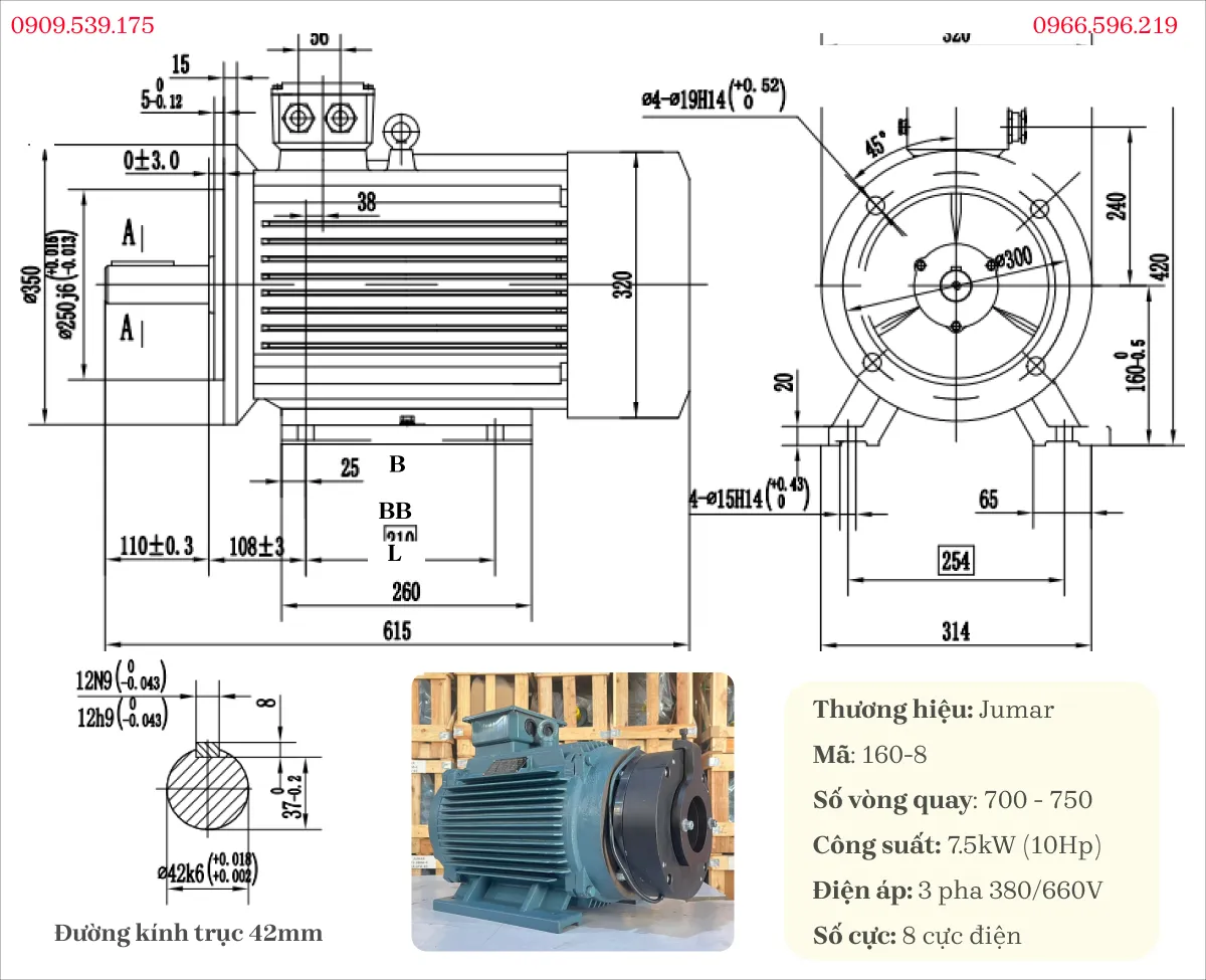 Drawing and technical specifications of the 8-pole 3-phase 7.5kW 10Hp inverter duty motor