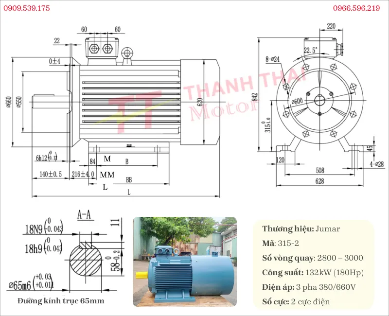Drawing and technical specifications of the 3-Phase Inverter Duty Motor 132kW 180Hp 2-pole
