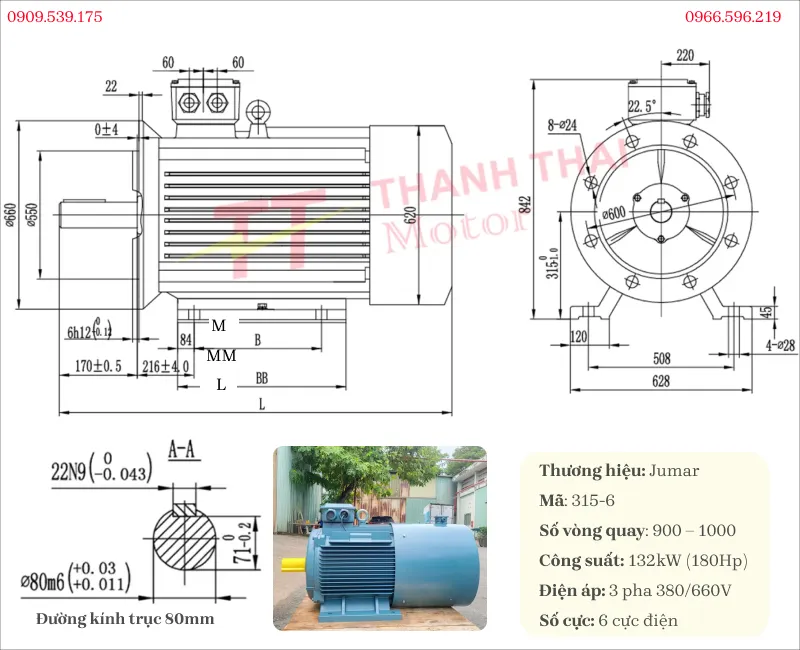 Drawing and technical specifications of the 3-Phase Inverter Duty Motor 132kW 180Hp 6-pole