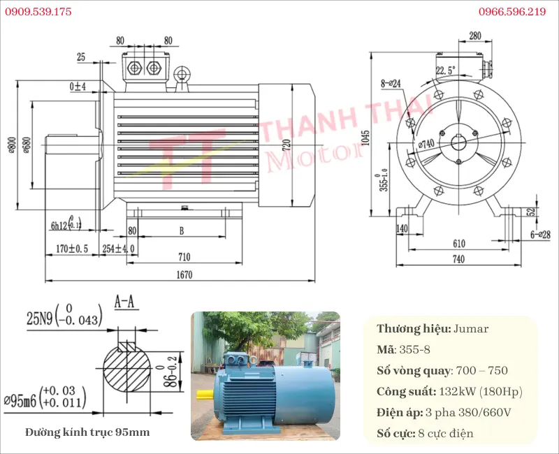 Drawing and technical specifications of the 3-Phase Inverter Duty Motor 132kW 180Hp 8-pole