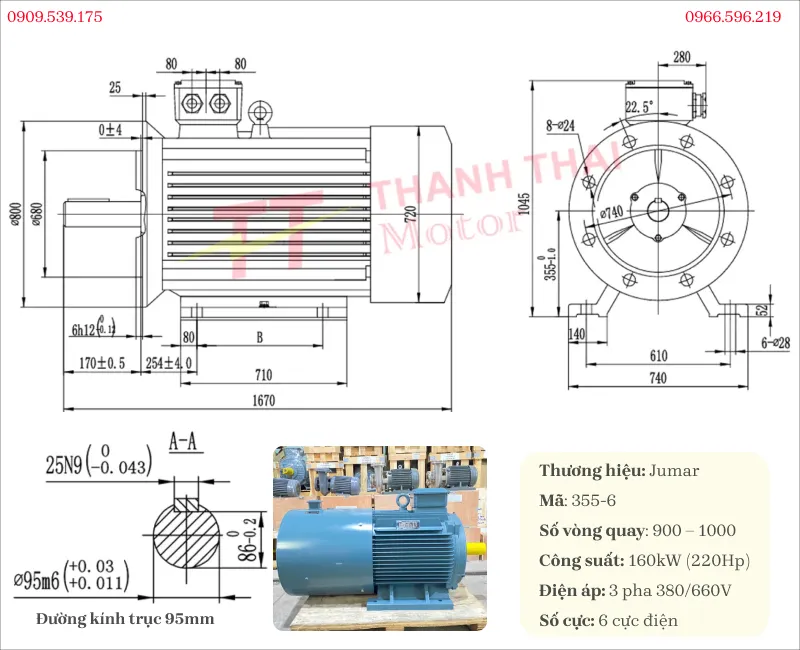 Bản vẽ và thông số kỹ thuật motor biến tần 3 pha 160kw 220hp 6 cực