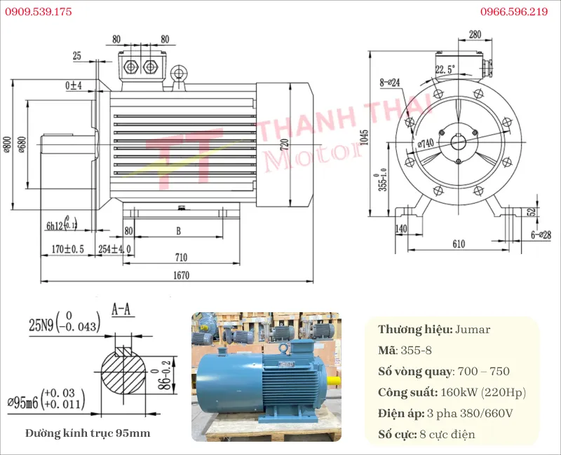 Bản vẽ và thông số kỹ thuật motor biến tần 3 pha 160kw 220hp 8 cực